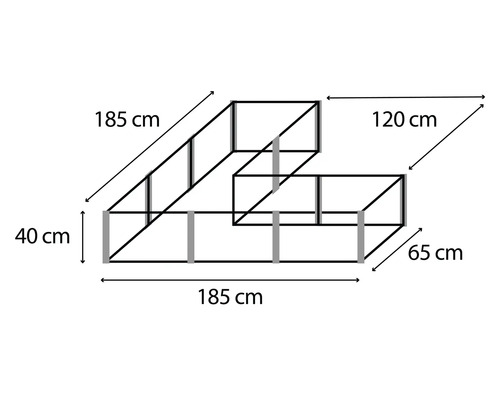 Schets van een verhoogde tuinbak met afmetingen