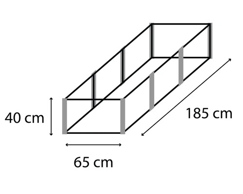 Illustratie van een verhoogde tuinbak met afmetingen van 40 cm hoog, 65 cm breed en 185 cm lang.