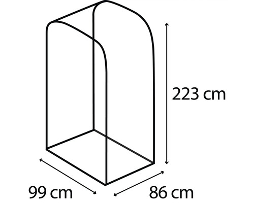 Afbeelding van een kledingkastframe met afmetingen 223 centimeter hoogte, 99 centimeter breedte en 86 centimeter diepte.