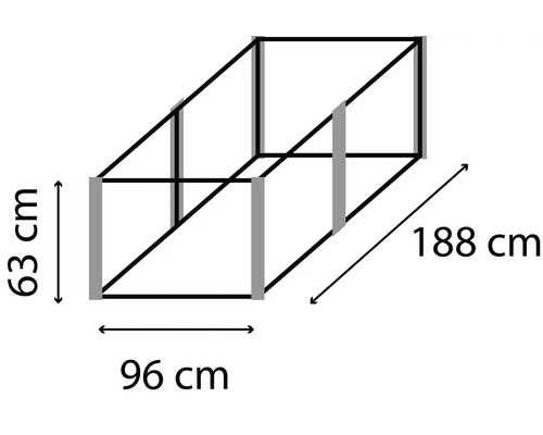 Productmaattekening met de afmetingen 63 cm, 96 cm en 188 cm