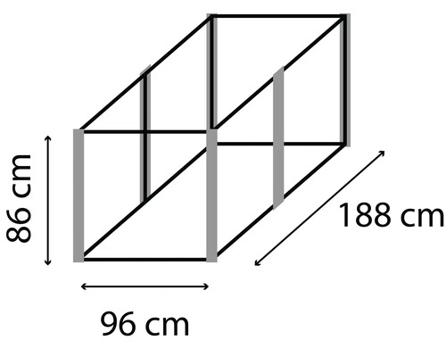 Afmetingen van een rek: 86 centimeter hoog, 96 centimeter breed en 188 centimeter diep.