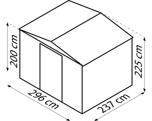 Afmetingen van een tuinhuis: 296 cm x 237 cm x 225 cm, hoogte: 200 cm