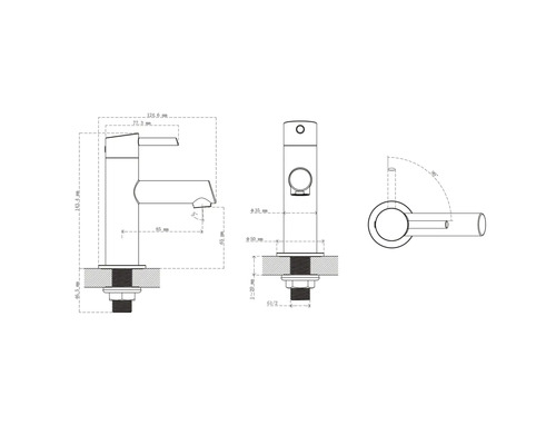 Technische tekening van een kraan met afmetingen