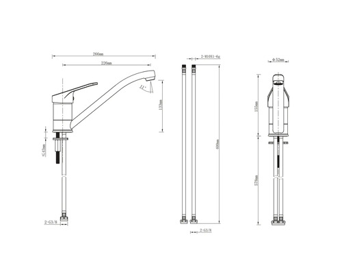 Technische tekening van een kraan met afmetingen