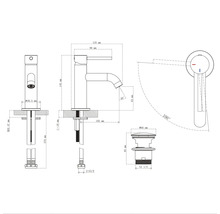 Technische tekening van een wastafelkraan met afmetingen