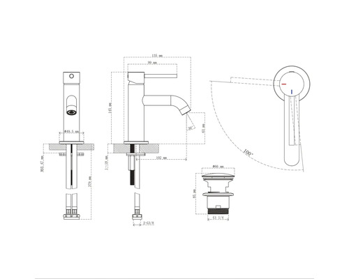 Technische tekening van een wastafelkraan met afmetingen