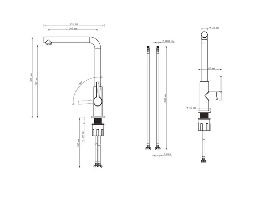 Technische tekening van een kraan met afmetingen