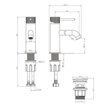 Technische tekening van een wastafelkraan met afmetingen