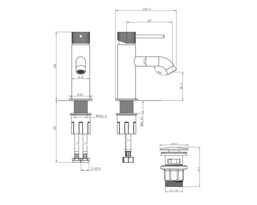 Technische tekening van een wastafelkraan met afmetingen