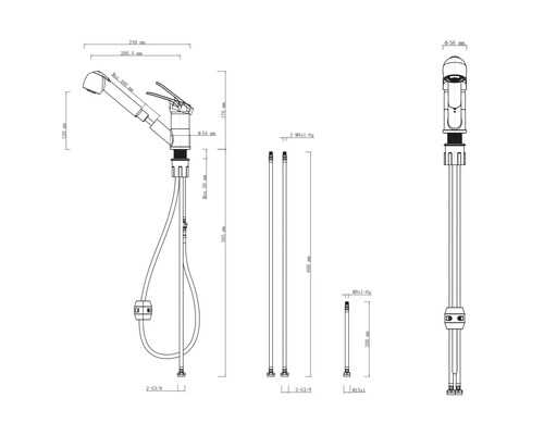 Technische tekening van een keukenkraan met afmetingen