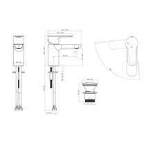 Technische tekening van een wastafelkraan met afmetingen.