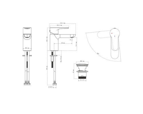 Technische tekening van een wastafelkraan met afmetingen.