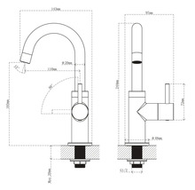 Technische tekening van een keukenkraan met afmetingen