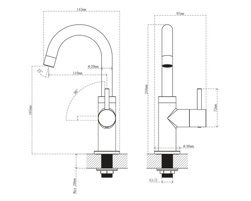 Technische tekening van een keukenkraan met afmetingen