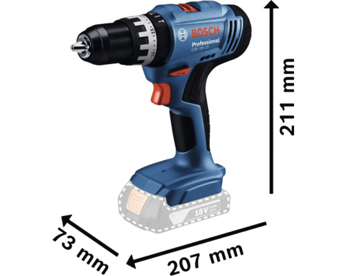 Bosch Professional accuklopboormachine met afmetingen 211 x 207 x 73 millimeter