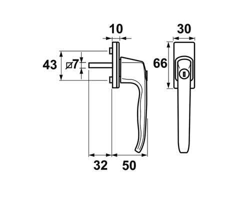 Technische tekening van een raamkruk met afmetingen