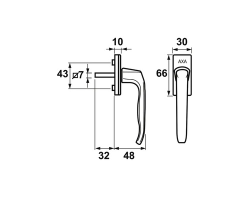 Technische tekening van een raamkruk met maatvoering