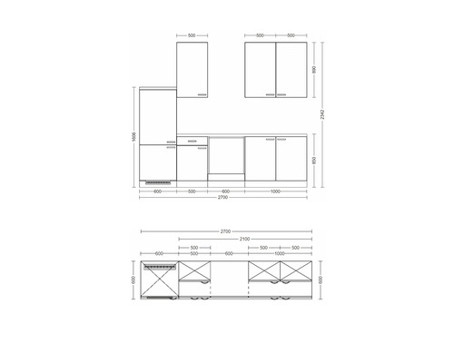 Technische tekening van een keukenblok met afmetingen