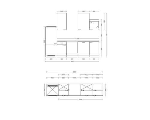 Tekening van een keuken met afmetingen voor keukenplanning