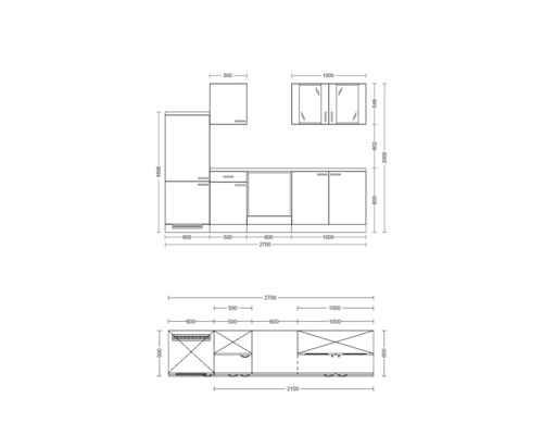 Keukenontwerp met afmetingen voor onderkasten, bovenkasten en apparatuur
