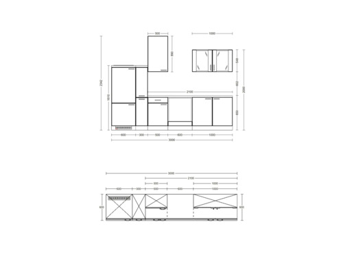 Technische tekening van een keuken met afmetingen