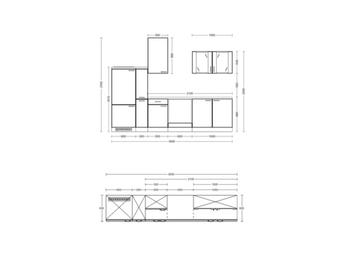 Keukenontwerp met afmetingen in millimeters
