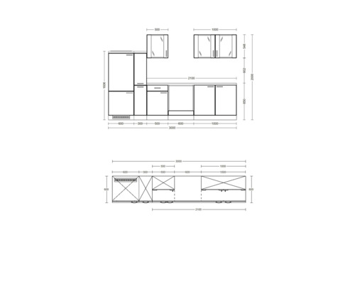 Schets van een keuken met maatvoering voor keukenplanning