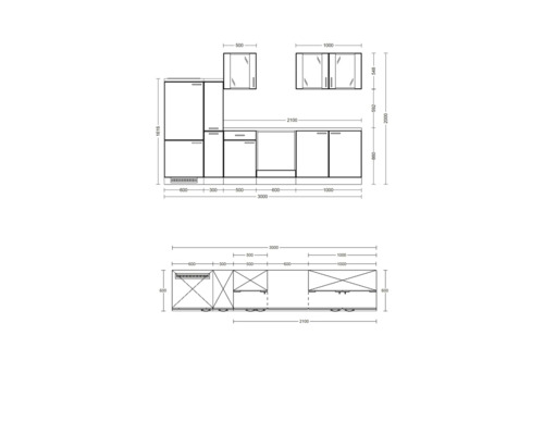 Maattekening van een keukenblok met onderkasten, werkblad en bovenkasten met afmetingen