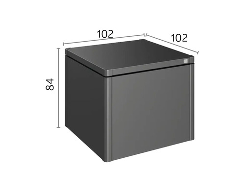 Afmetingen van een grijze toiletpapiercontainer: 84 x 102 x 102 centimeter