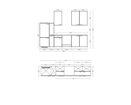 Technische tekening van een keuken met afmetingen.