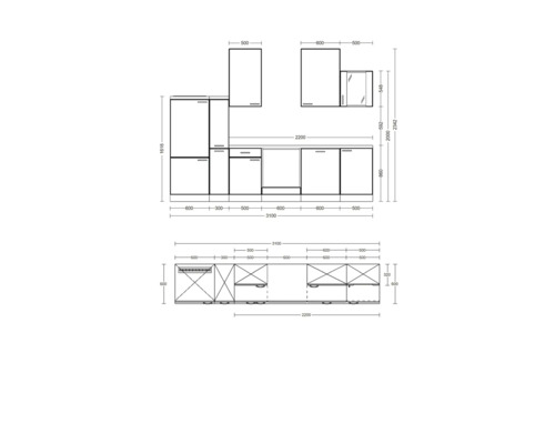 Technische tekening van een keuken met afmetingen