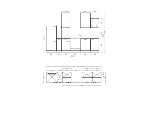 Technische tekening van een keuken met afmetingen
