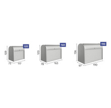 Drie rolcontainers met verschillende maatvoeringen.