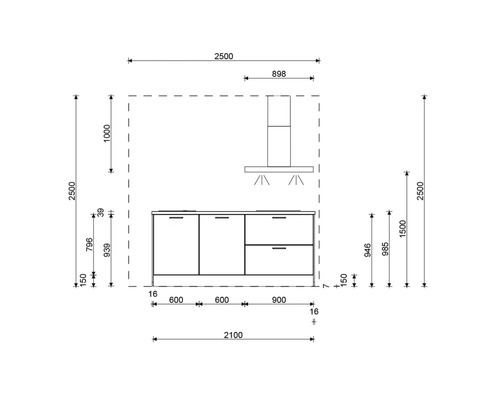 Keukenindeling met afmetingen voor planning en installatie