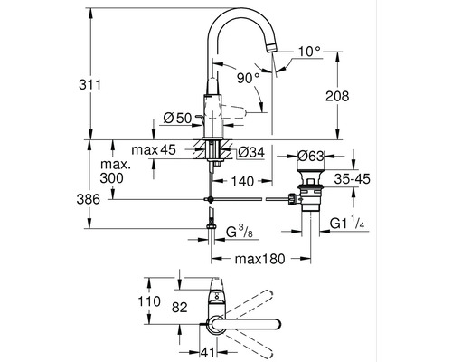 Technische tekening van een kraan met maataanduidingen