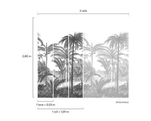 Behang met palmmotief en maataanduidingen