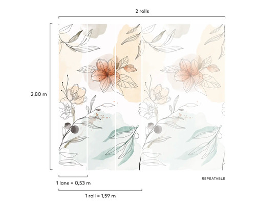 Behang met bloemmotief, bestaande uit twee rollen