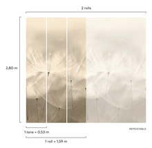 Behang met paardenbloemmotief, twee rollen, herhaalbaar patroon, 2,80 meter hoog, een baan is 0,53 meter breed, een rol is 1,59 meter breed