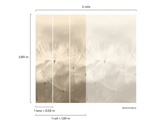 Behang met paardenbloemmotief, twee rollen, herhaalbaar patroon, 2,80 meter hoog, een baan is 0,53 meter breed, een rol is 1,59 meter breed