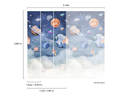 Ruimtebehang met planeten, sterren en ruimteschepen, twee rollen