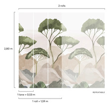 Behang met boommotief en afmetingen voor twee rollen