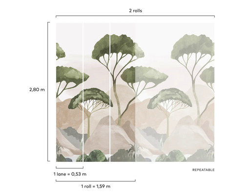 Behang met boommotief en afmetingen voor twee rollen