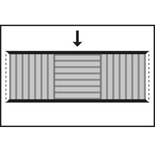 Illustratie van een schuifdeursysteem met verticale en horizontale lamellen en een pijl omlaag.
