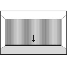 Ruimte met verticaal gestreepte wand en pijl naar beneden