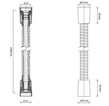 Technische tekening van een sifonverlengbuis met de afmetingen 1500 mm lang en G1/2 aansluiting
