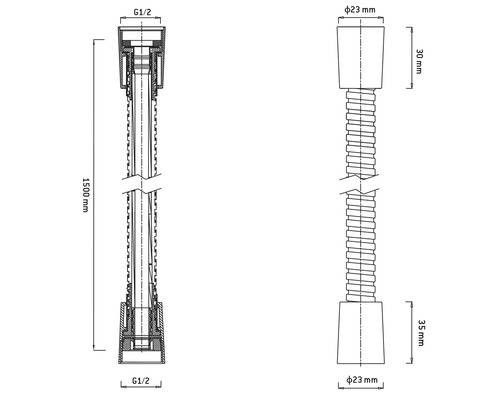 Technische tekening van een sifonverlengbuis met de afmetingen 1500 mm lang en G1/2 aansluiting