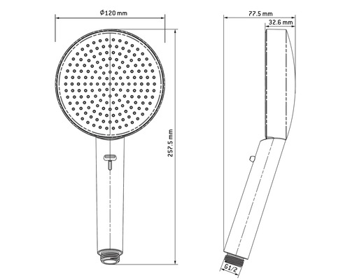 Technische tekening van een douchekop met afmetingen