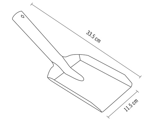 Schets van een plantschop met afmetingen van 33,5 cm lang en 11,5 cm breed