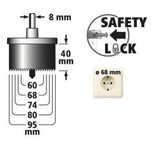 Afbeelding van een gatzaag met de afmetingen 8 mm, 40 mm, 60 mm, 68 mm, 74 mm, 80 mm en 95 mm, evenals een veiligheidsvergrendeling en een stopcontact van 68 mm
