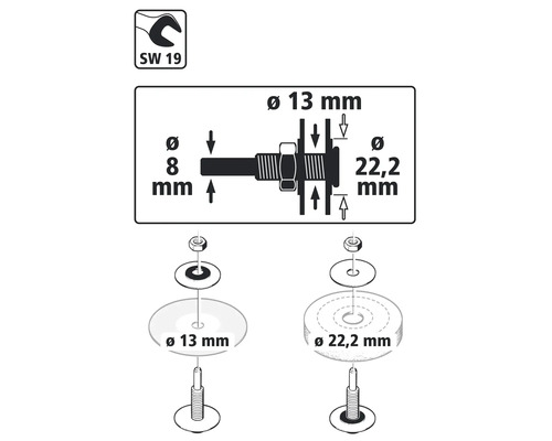 Technische tekening van een bevestigingssysteem met informatie over sleutelwijdte en diameter